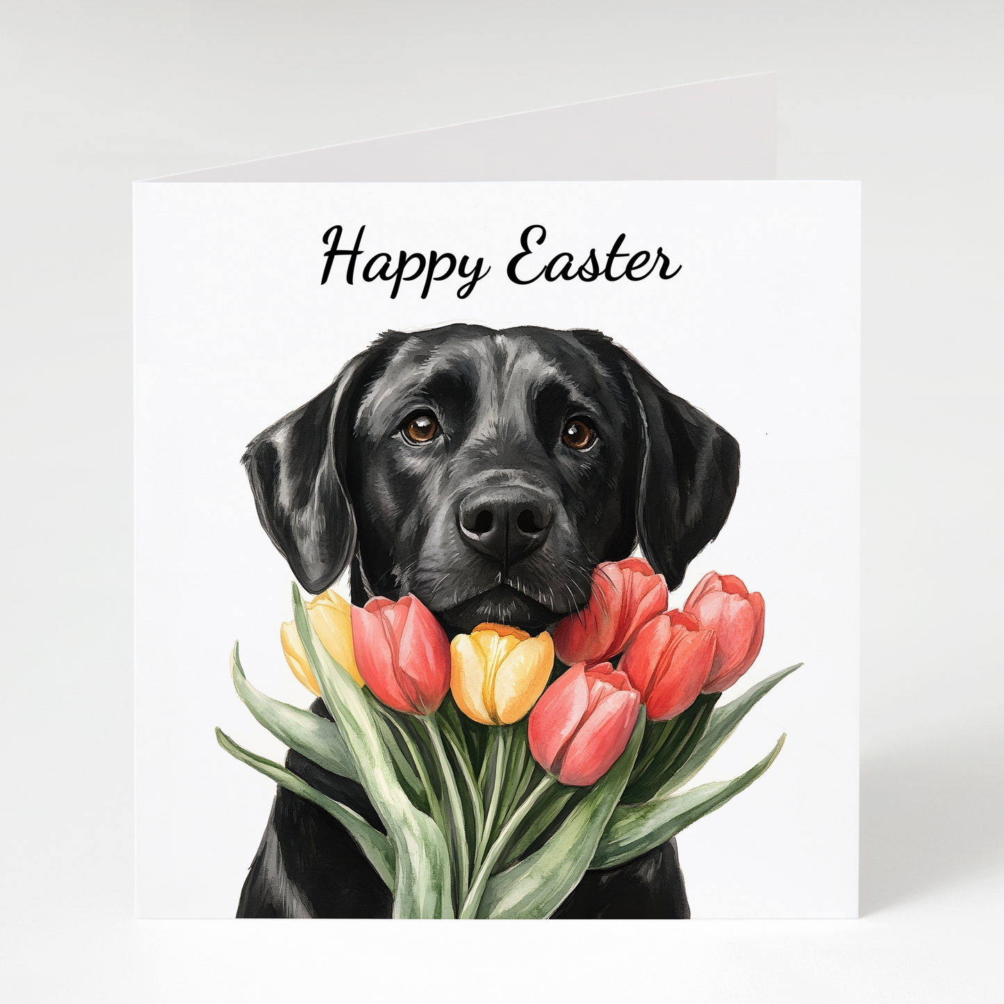 Black Labrador with Tulips Easter Card
