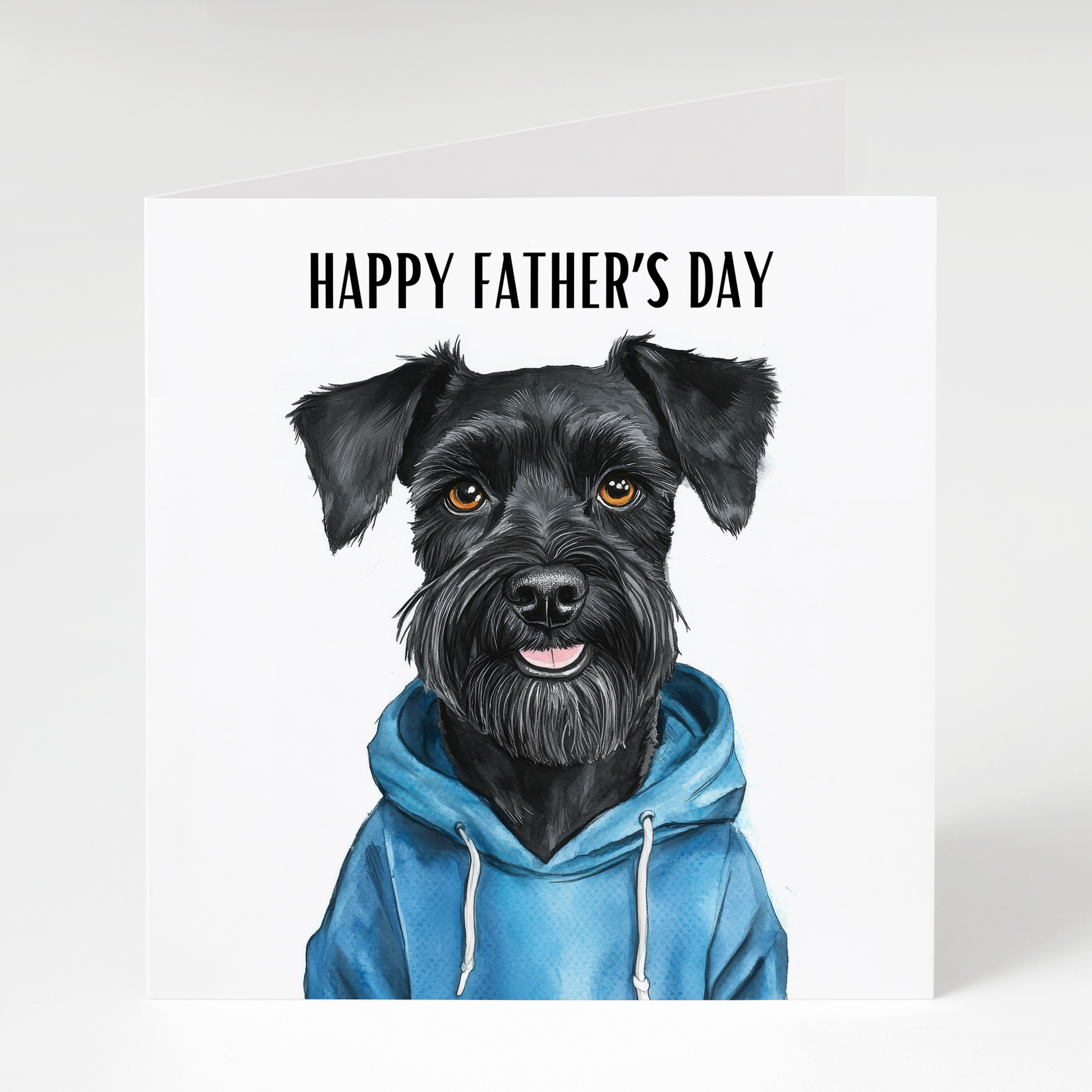 Black Miniature Schnauzer wearing hoodie Father’s Day greeting card for dog dads and Schnauzer lovers