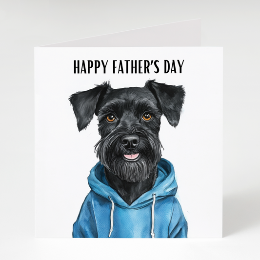 Black Miniature Schnauzer wearing hoodie Father’s Day greeting card for dog dads and Schnauzer lovers