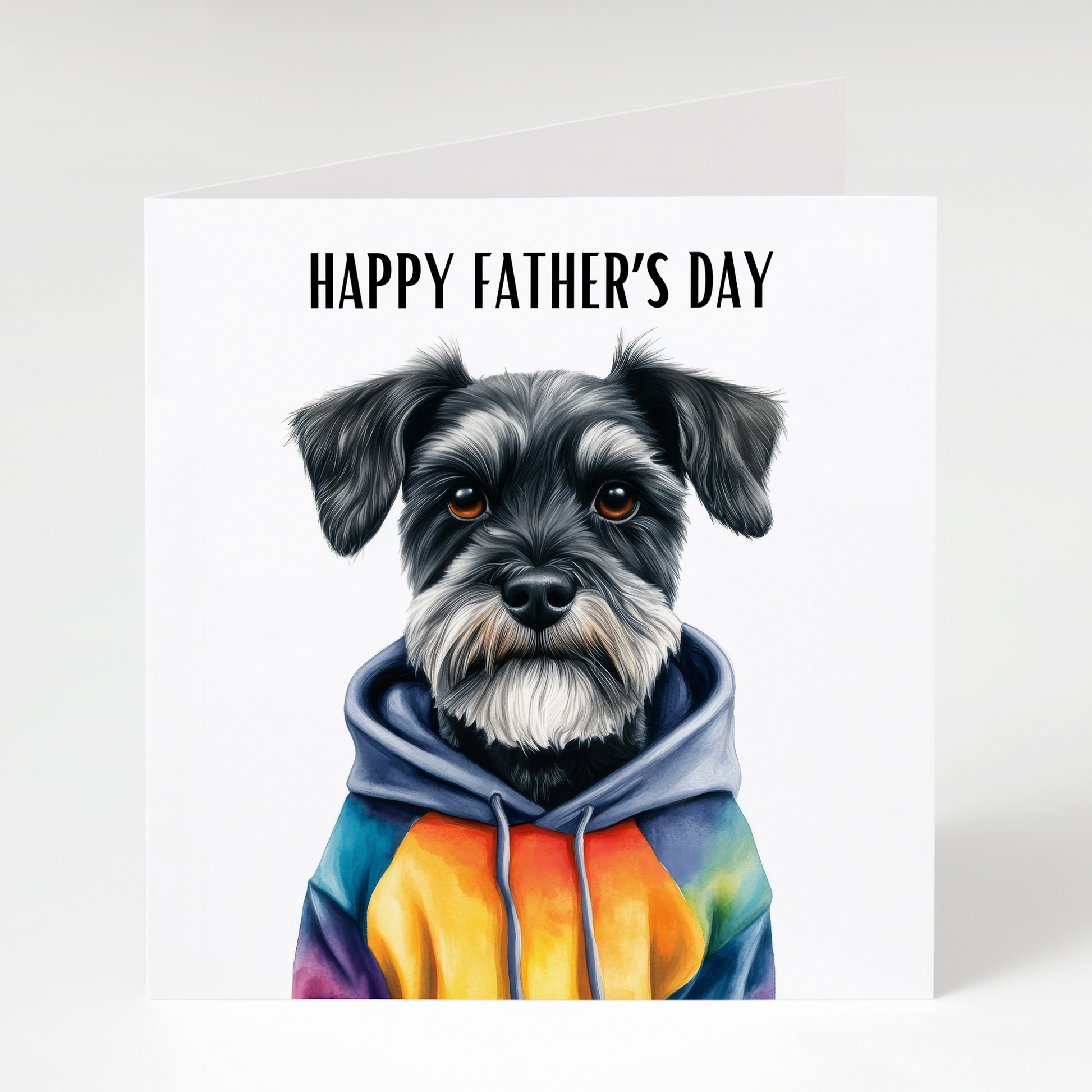 Miniature Schnauzer wearing hoodie Father’s Day greeting card for dog dads and Schnauzer lovers