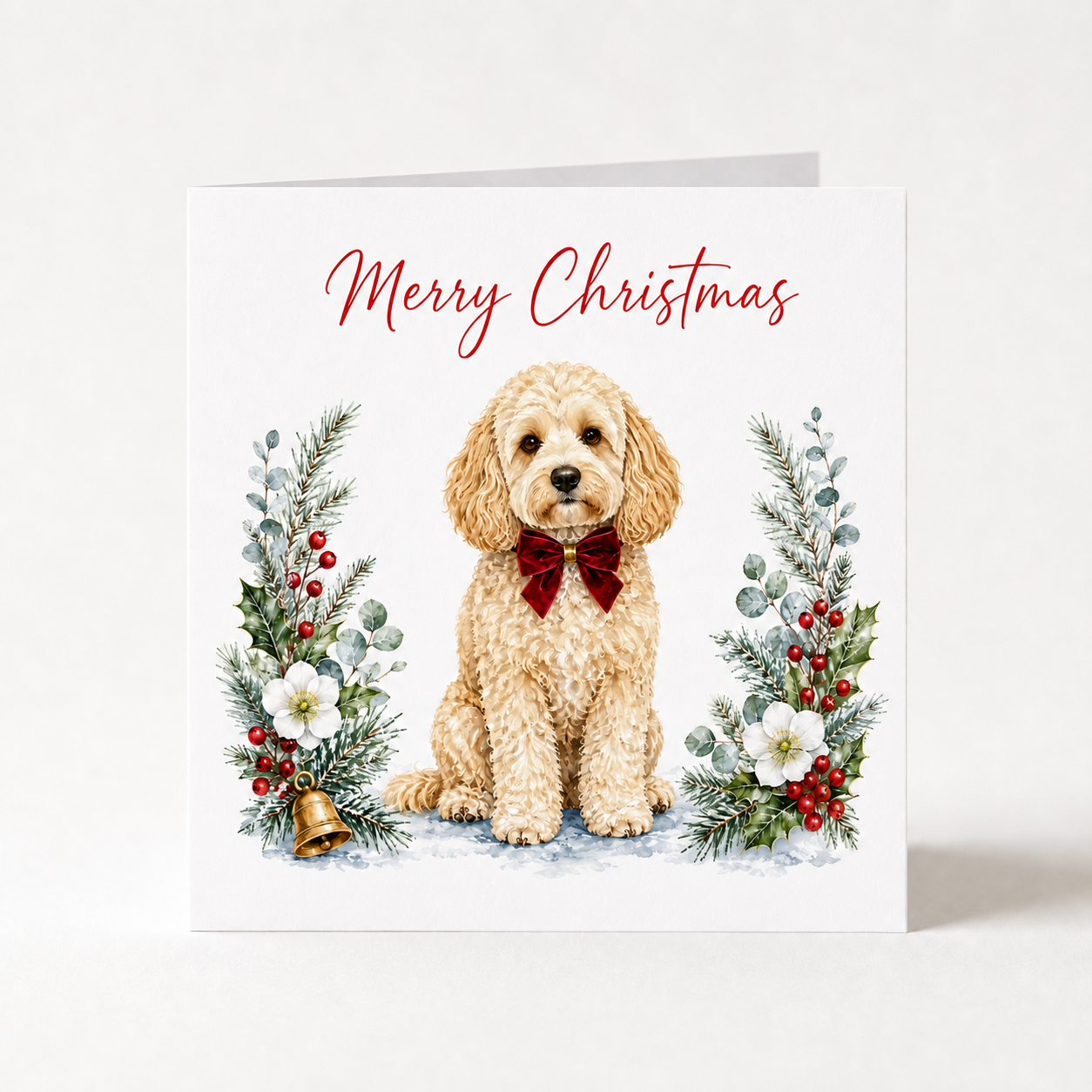 A square Christmas greeting card with a white background, featuring the words 'Merry Christmas' in red script at the top and an illustration of a fluffy blonde cockapoo dog wearing a dark red bow tie, flanked by green holly and white flowers.