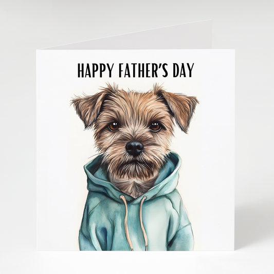 Card with a dog wearing a teal hoodie and 'Happy Father's Day' text on a white background