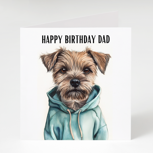 border terrier wearing a teal coloured hoodie. Text says Happy birthday dad