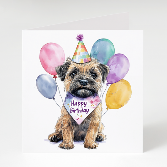 Border Terrier birthday card with party hat and bandana cute dog happy birthday card