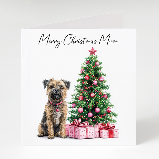 Border Terrier Christmas card for mum with a christmas tree decorated with pink baubles