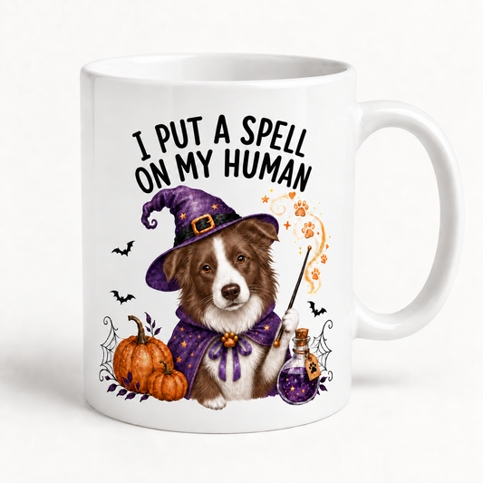 Brown Border Collie Halloween Mug – I Put a Spell on My Human
