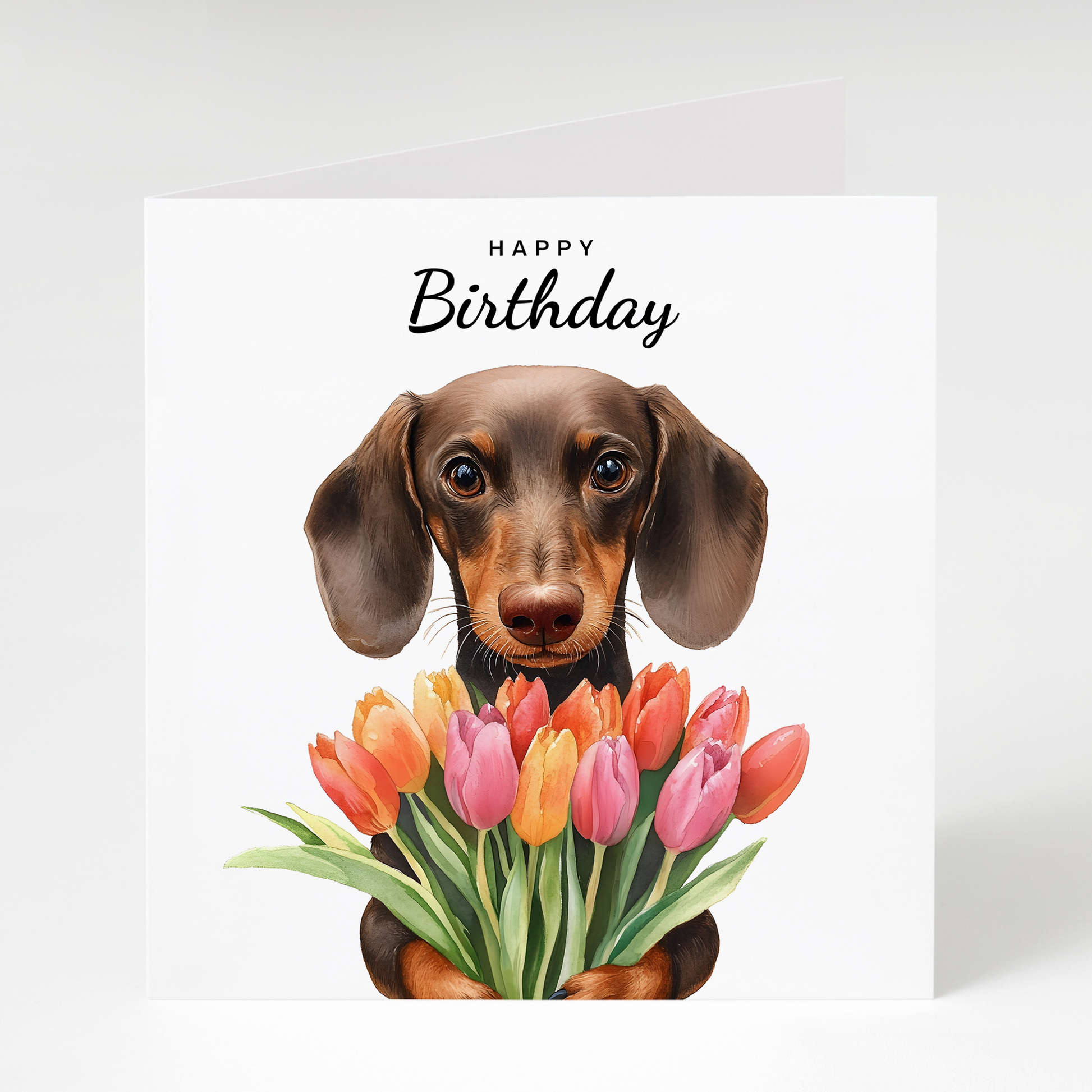 Birthday card with a dachshund holding tulips on a white background
