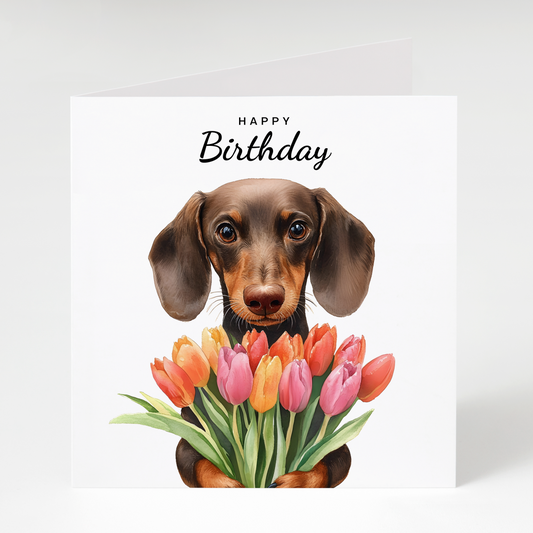 Birthday card with a dachshund holding tulips on a white background