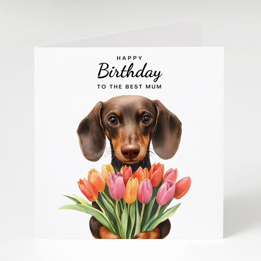 Birthday card with a dachshund holding tulips and 'Happy Birthday to the best mum' text on a white background.