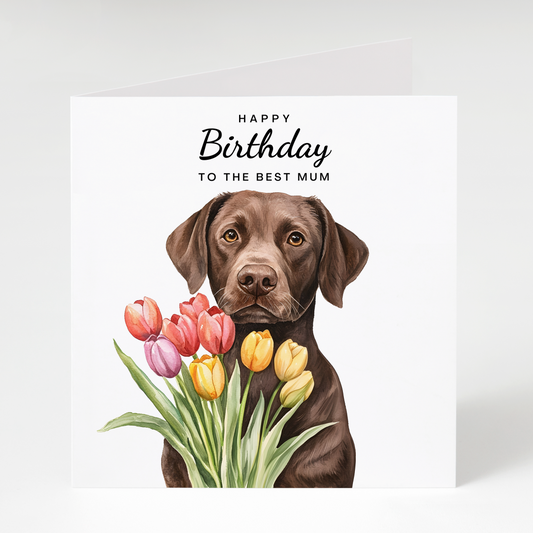Brown Labrador with Tulips Birthday Card for Mum