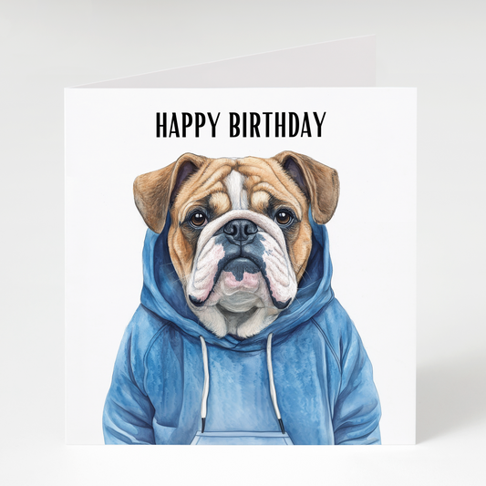 Bulldog in Blue Hoodie Happy Birthday Card
