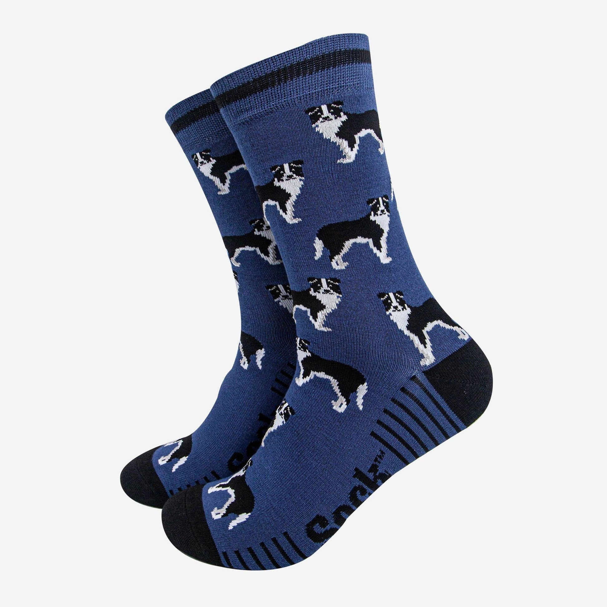 Blue socks with border collie dog pattern 
