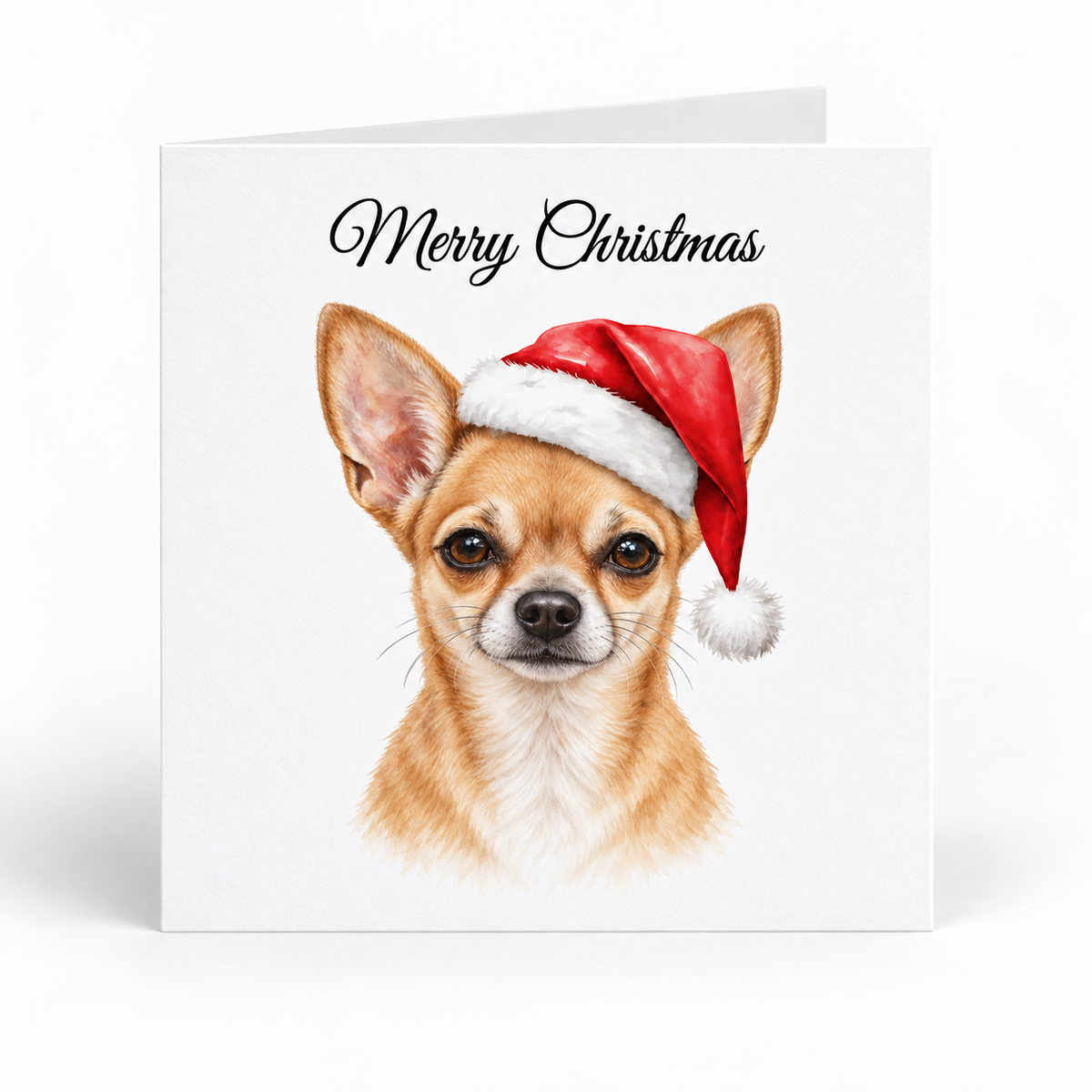 A square white Christmas greeting card with the words 'Merry Christmas' in black script at the top and a detailed illustration of a chihuahua wearing a red Santa hat on the front, shown standing against a light gray background.