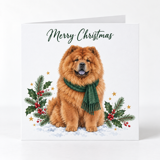 A square Christmas greeting card featuring a fluffy chow chow dog wearing a green scarf, seated in snow with holly and berries on both sides. The card reads 'Merry Christmas' in dark green script at the top, shown against a clean white background.
