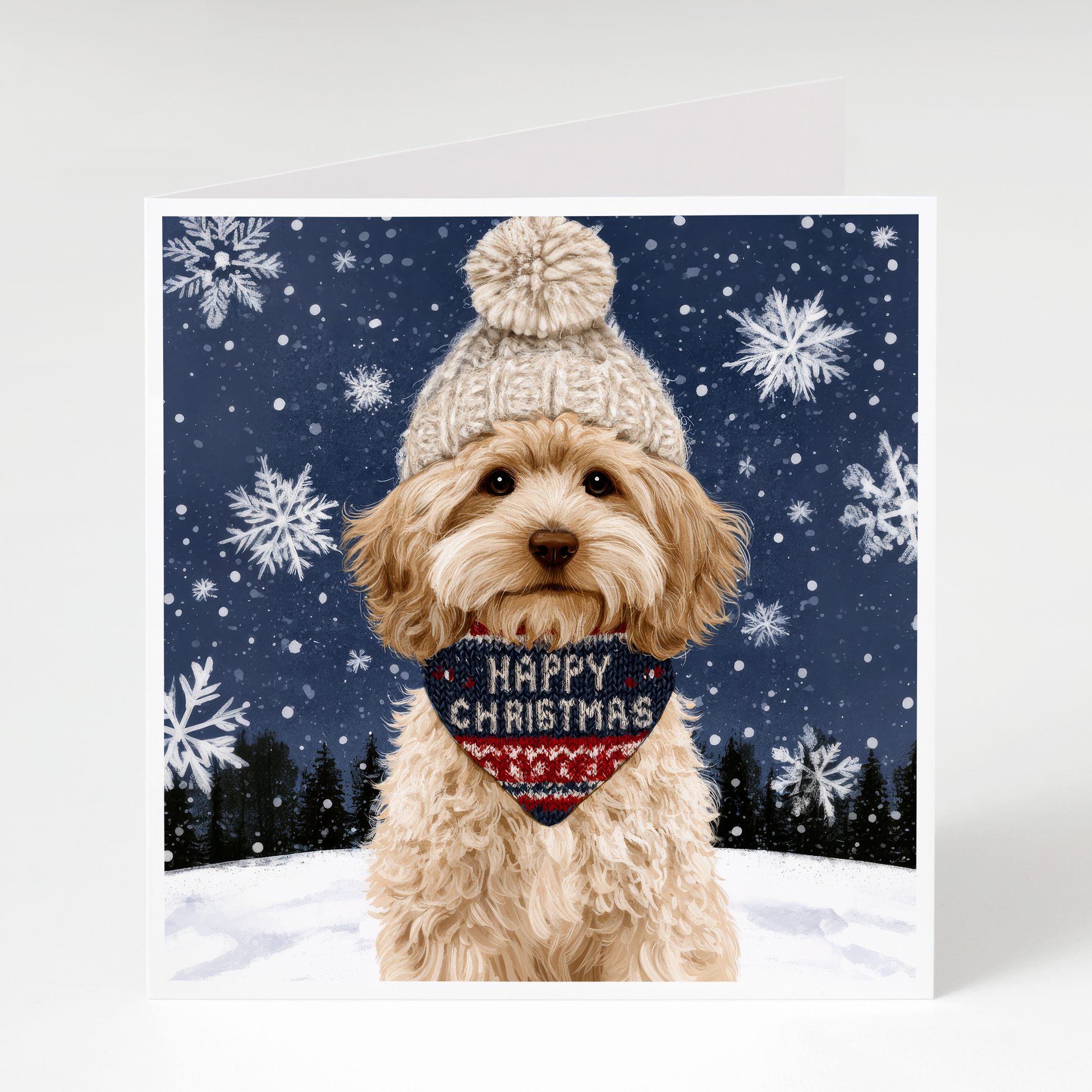 Pack of 5 Christmas cards featuring a cute Cockapoo wearing a festive bandana, perfect for Cockapoo owners, dog lovers, and holiday greetings.