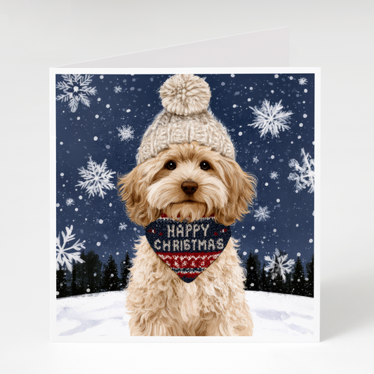 Pack of 5 Christmas cards featuring a cute Cockapoo wearing a festive bandana, perfect for Cockapoo owners, dog lovers, and holiday greetings.