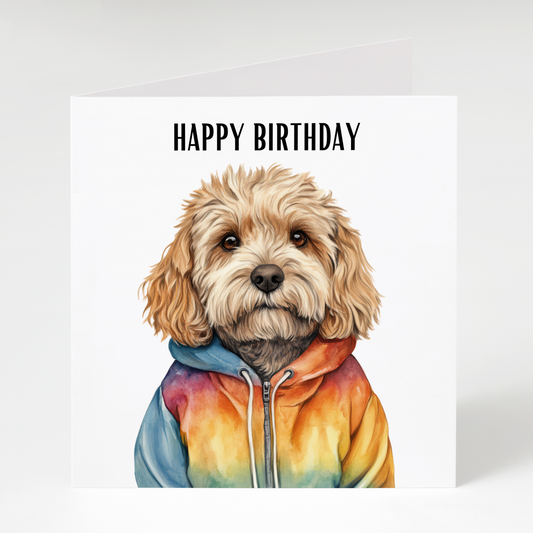 Cute Cockapoo wearing a hoodie on a colourful birthday card, perfect for Cockapoo owners, dog lovers, and birthday celebrations.