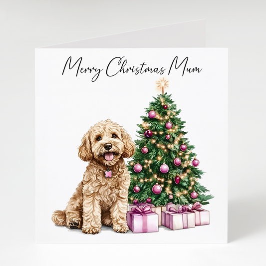Cockapoo Mum Christmas card with festive dog illustration, UK design