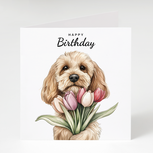 Cockapoo with Tulips Birthday Card