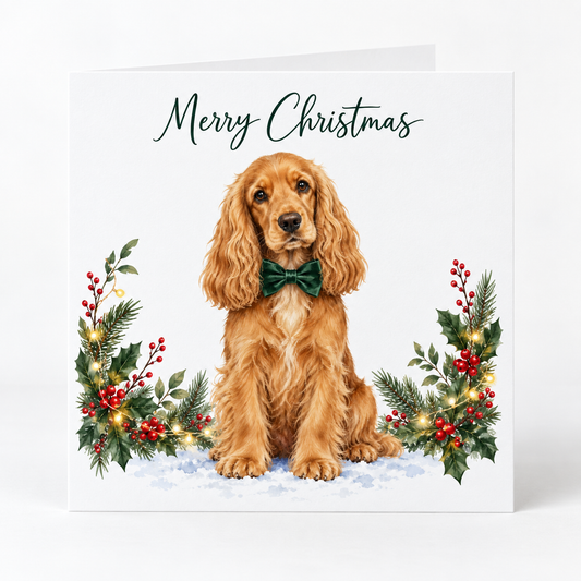 A square Christmas greeting card featuring an illustration of a cocker spaniel wearing a dark green bow tie, seated in snow with holly and red berries on both sides. The card reads 'Merry Christmas' in dark green script at the top and is photographed on a clean white background.
