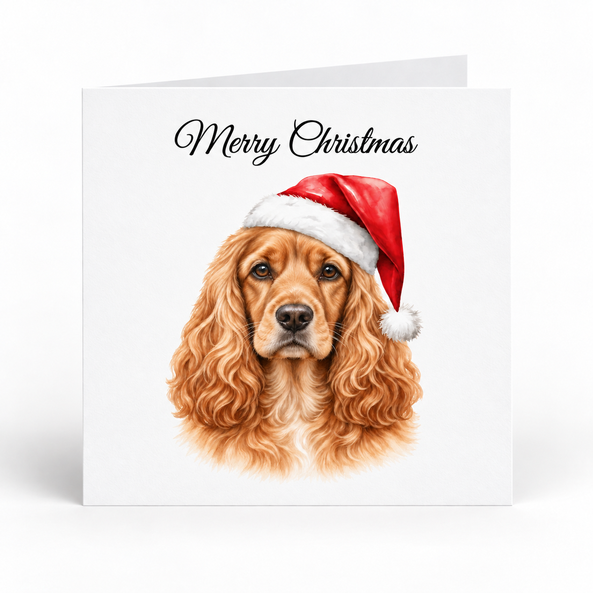 A square white Christmas greeting card featuring an illustration of a golden-brown dog wearing a red Santa hat, with the text 'Merry Christmas' in black script at the top.