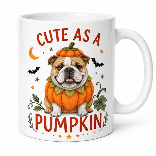 A white ceramic mug featuring a cute bulldog dressed in an orange pumpkin costume, with the text 'CUTE AS A PUMPKIN' in red, surrounded by small black bats, stars, and green leaves on a white background.