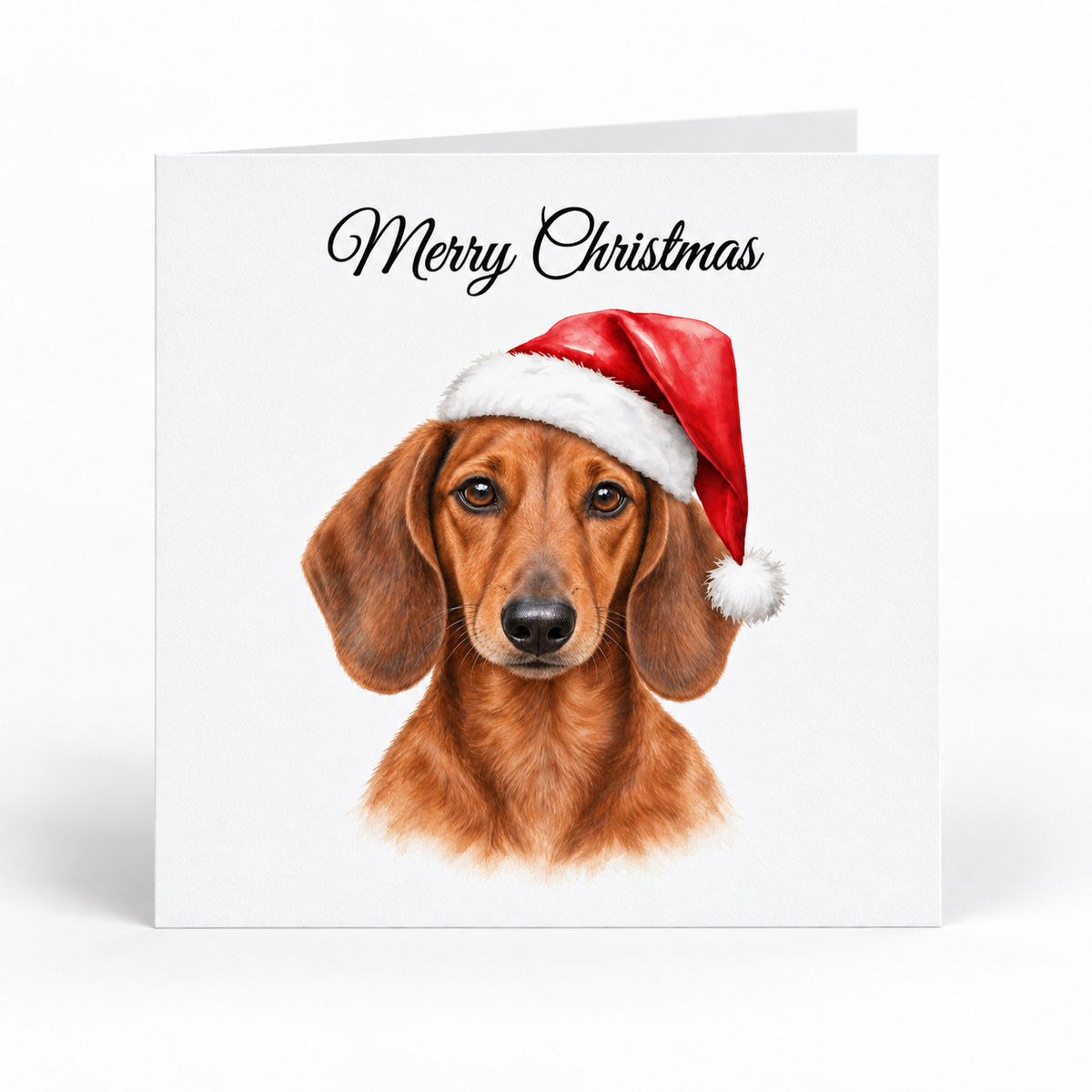 A square Christmas greeting card with a white background, featuring an illustration of a brown dachshund wearing a red Santa hat with white trim, and the text 'Merry Christmas' in black script at the top.