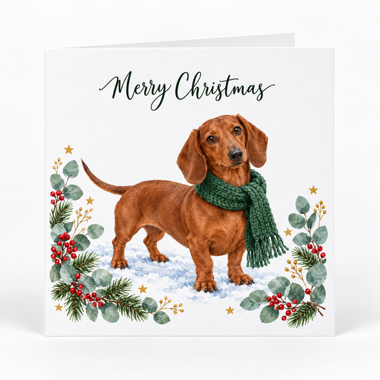 A square Christmas greeting card with a white background, featuring an illustration of a brown dachshund wearing a green scarf and standing in the snow. The card is decorated with green holly leaves, red berries, gold stars, and the text 'Merry Christmas' at the top.