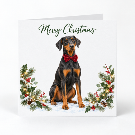 A square Christmas greeting card featuring a seated black and tan doberman dog wearing a red bow tie, with green 'Merry Christmas' script at the top and holly and pine garlands with lights on both sides, shown on a white background.