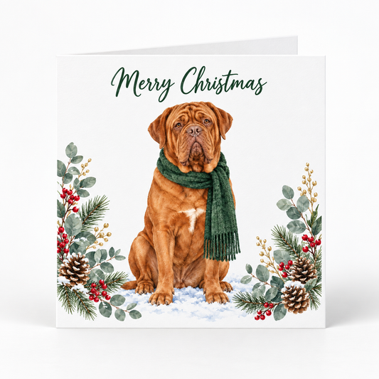 A square Christmas greeting card featuring a watercolor illustration of a brown rogue de Bordeaux wearing a green scarf, sitting in the snow with eucalyptus, pinecones, and red berries. The card is topped with the text 'Merry Christmas' in dark green script.