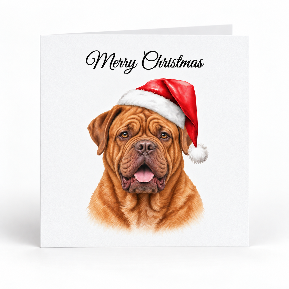A square Christmas greeting card with a white background, featuring a printed illustration of a brown wrinkled dog wearing a red Santa hat and the words 'Merry Christmas' in black script at the top.