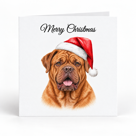 A square Christmas greeting card with a white background, featuring a printed illustration of a brown wrinkled dog wearing a red Santa hat and the words 'Merry Christmas' in black script at the top.