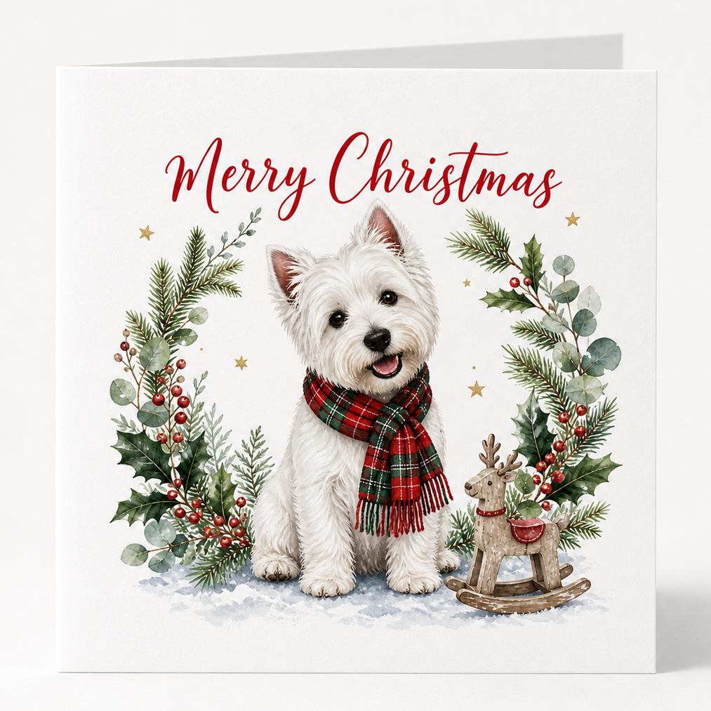 A square Christmas greeting card featuring an illustration of a white west dog wearing a red and green plaid scarf, surrounded by a festive wreath with holly, pine branches, berries, and the words 'Merry Christmas' in red script. A small reindeer on a sled sits at the lower right.