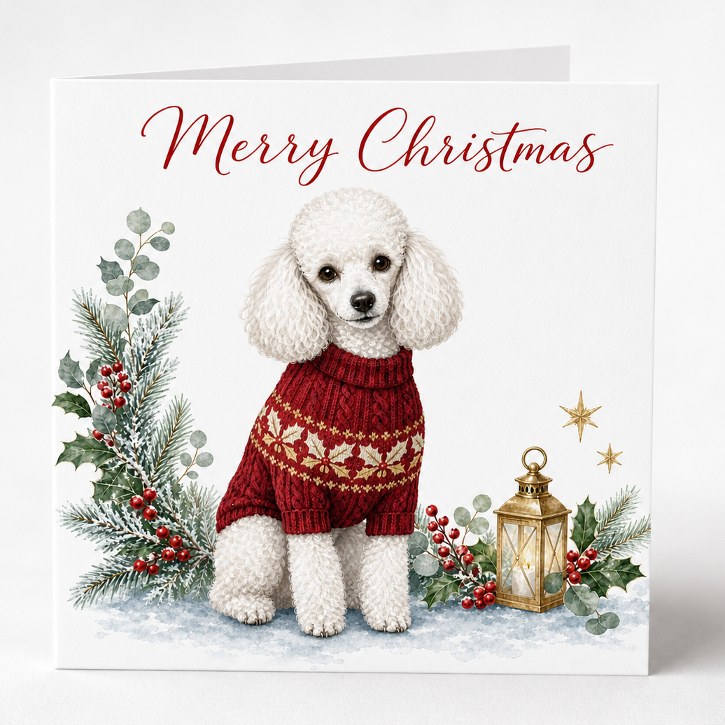 A square Christmas greeting card featuring an illustration of a white poodle wearing a red knit sweater, surrounded by holly, berries, a lantern, and the words 'Merry Christmas' in red script. The card is photographed standing upright against a clean white background.