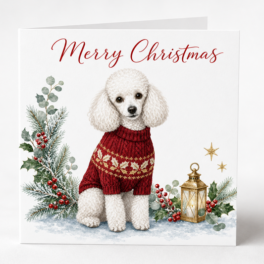 A square Christmas greeting card featuring an illustration of a white poodle wearing a red knit sweater, surrounded by holly, berries, a lantern, and the words 'Merry Christmas' in red script. The card is photographed standing upright against a clean white background.