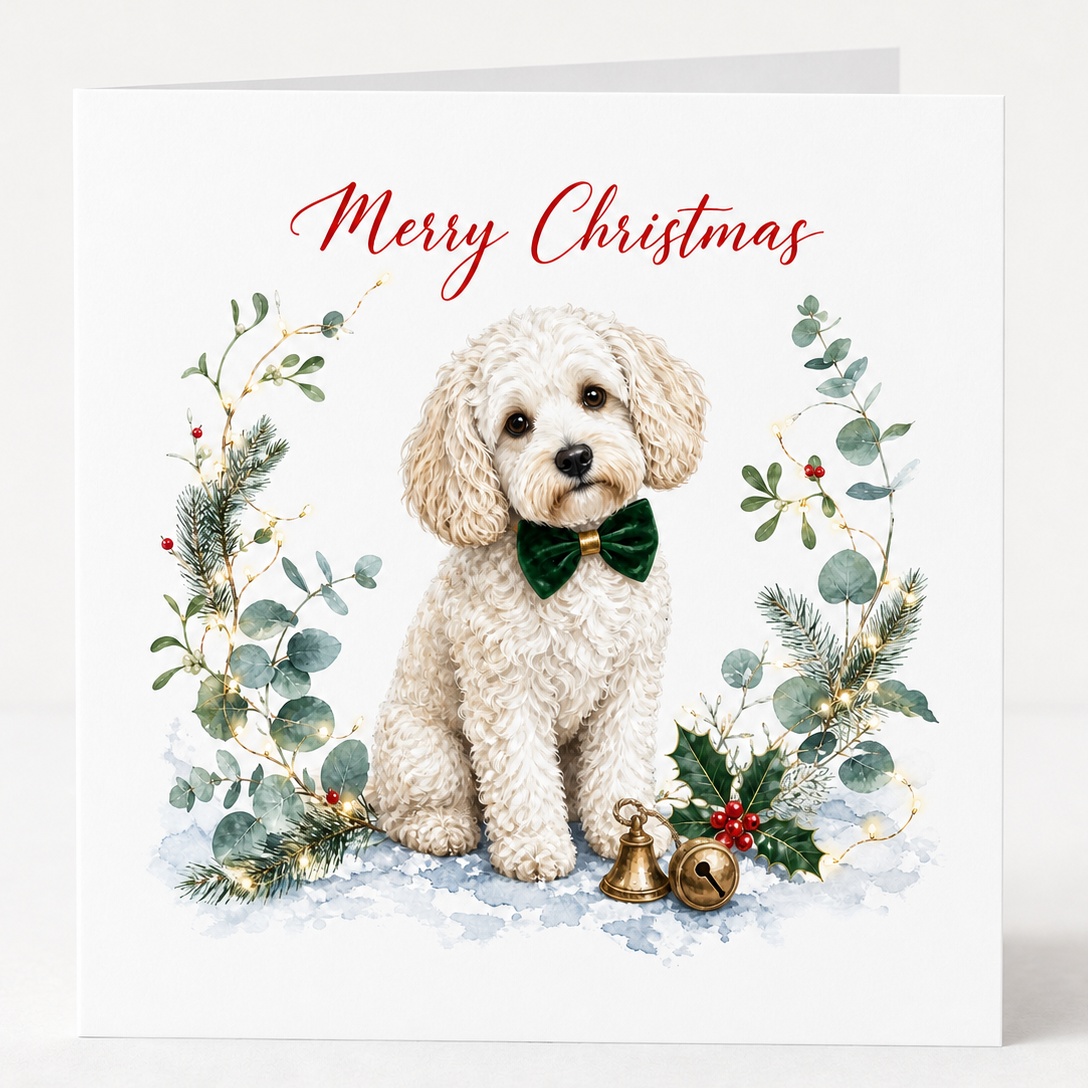 A square Christmas greeting card featuring an illustration of a fluffy cream-colored cockapoo dog wearing a dark green bow tie, surrounded by green foliage, small gold bells, and red berries. The top of the card reads 'Merry Christmas' in red script.