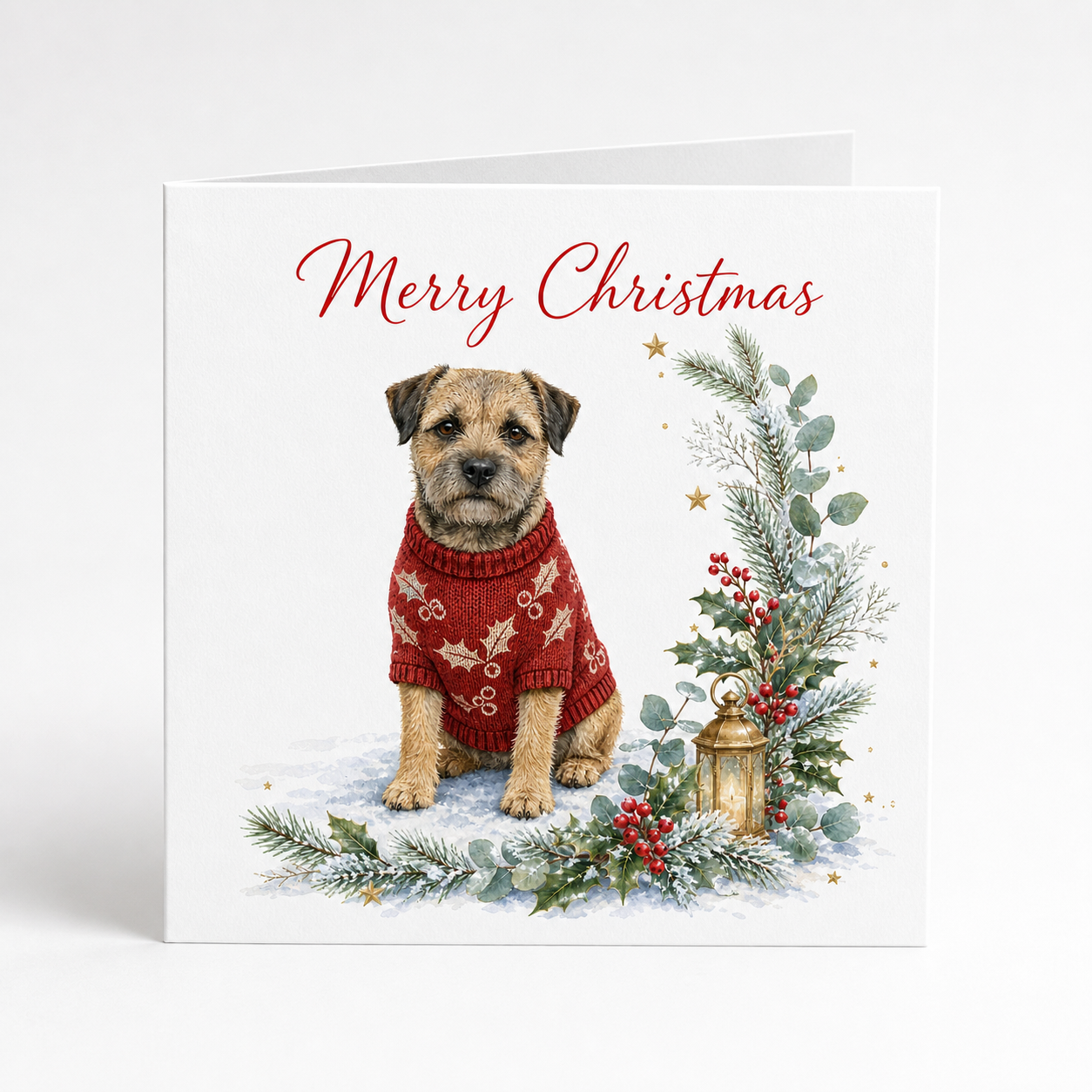 A square Christmas greeting card featuring an illustration of border terrier dog wearing a red knit sweater, seated on a snowy ground beside green holly branches, red berries, and a small lantern. The card reads “Merry Christmas” in red script at the top, shown against a clean white background.