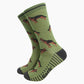 Green German Shepherd bamboo-blend socks by Sock Talk with black-and-tan Alsatian motifs and striped cuffs.