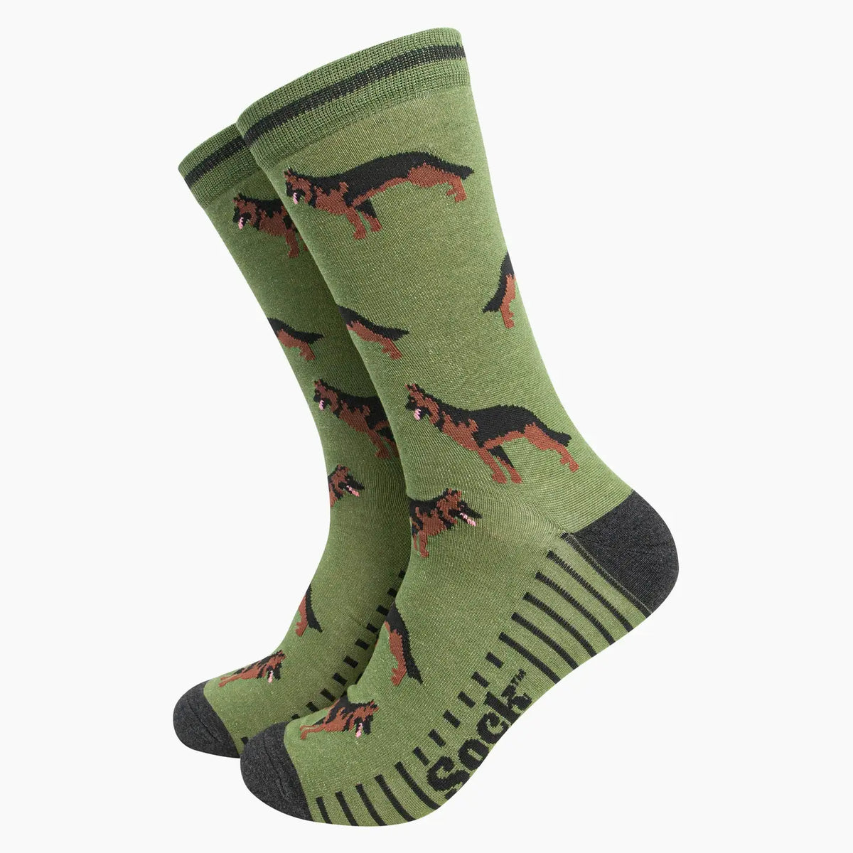 Green German Shepherd bamboo-blend socks by Sock Talk with black-and-tan Alsatian motifs and striped cuffs.