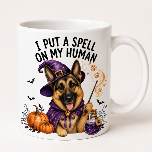 German Shepherd Halloween ceramic mug with I Put a Spell on My Human witch design