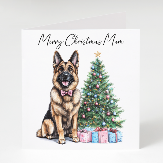 Christmas card for Mum with a German Shepherd dog  and decorated Christmas tree on a white background
