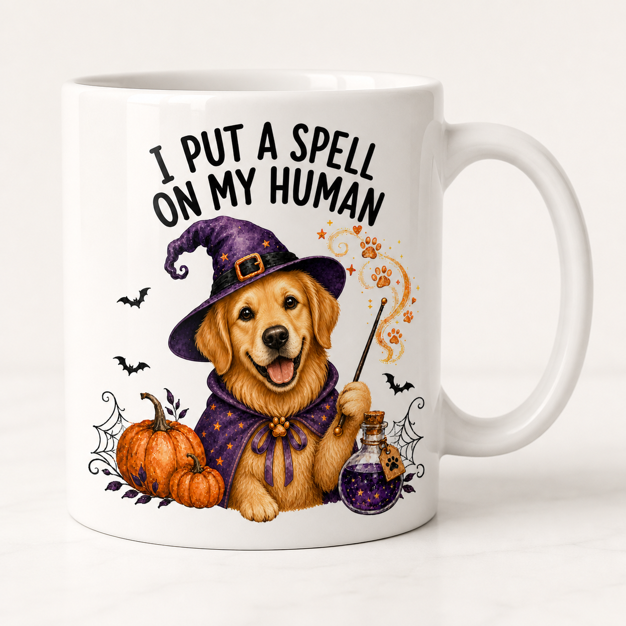 Golden Retriever Halloween ceramic mug with I Put a Spell on My Human witch design