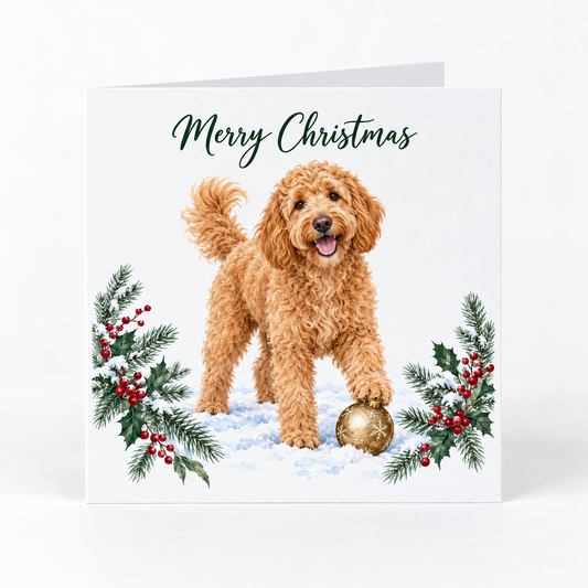 A square Christmas greeting card with a white background, featuring an illustration of a fluffy goldendoodle dog standing in snow with holly and red berries on both sides and the text 'Merry Christmas' at the top. The card is photographed on a clean white background.