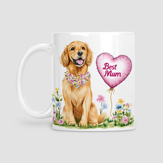 Mug with a golden retriever and 'Best Mum' balloon design on a white background