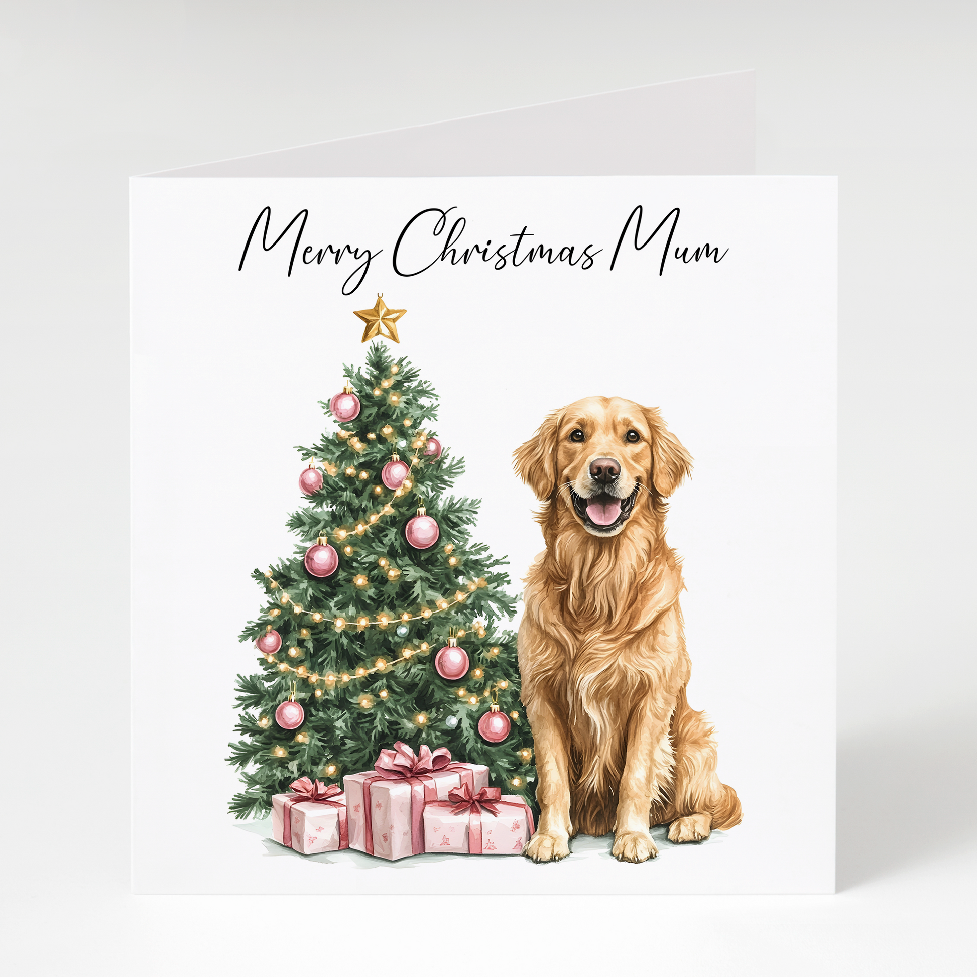 Mum Christmas card with a golden retriever and decorated tree on a white background