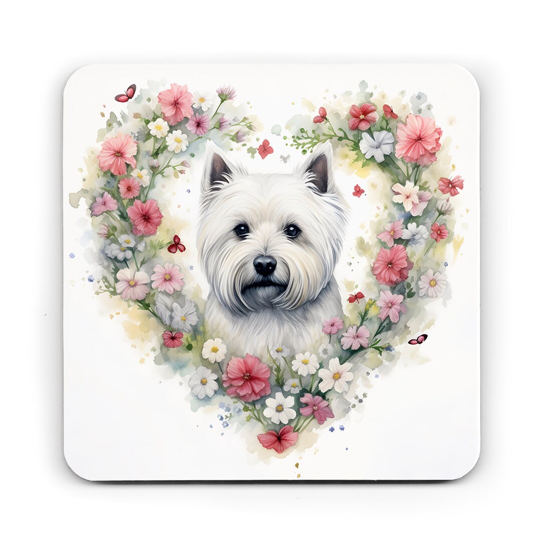 Westie Mum birthday card, Westie Mum, West Highland White Terrier with heart flowers, matching mug and coaster options.