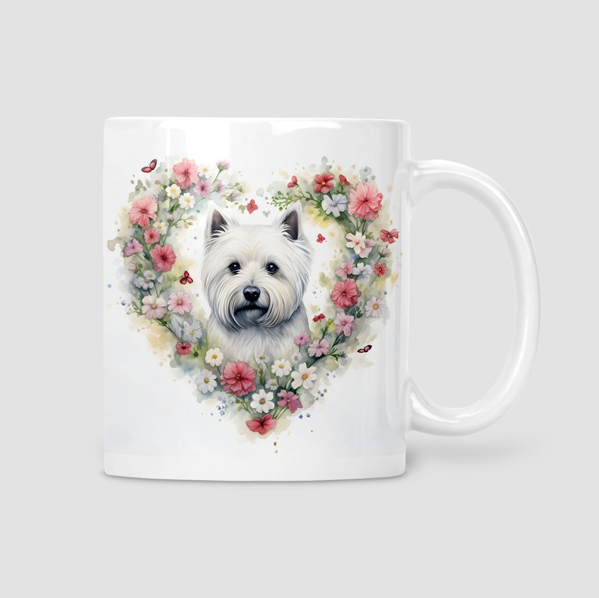 Westie Mum birthday card, Westie Mum, West Highland White Terrier with heart flowers, matching mug and coaster options.