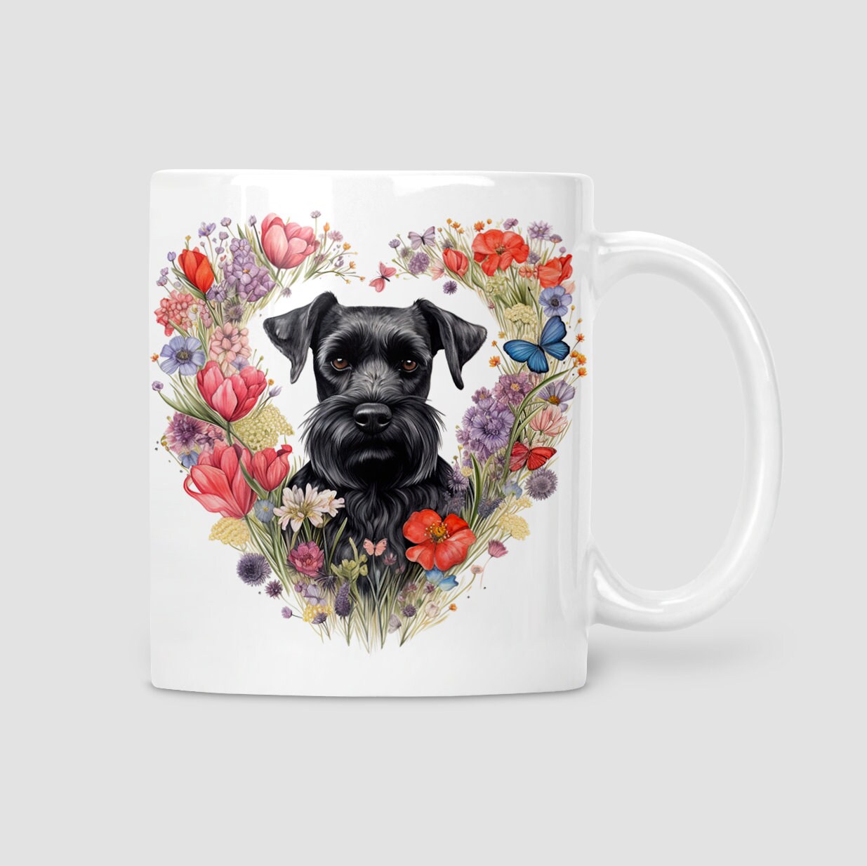 Schnauzer Mum birthday card, Schnauzer Mum, Black Schnauzer with heart flowers, Matching mug and coaster available.