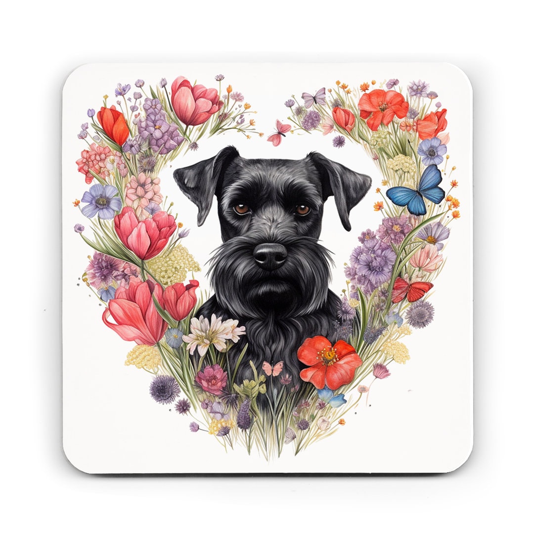 Schnauzer Mum birthday card, Schnauzer Mum, Black Schnauzer with heart flowers, Matching mug and coaster available.