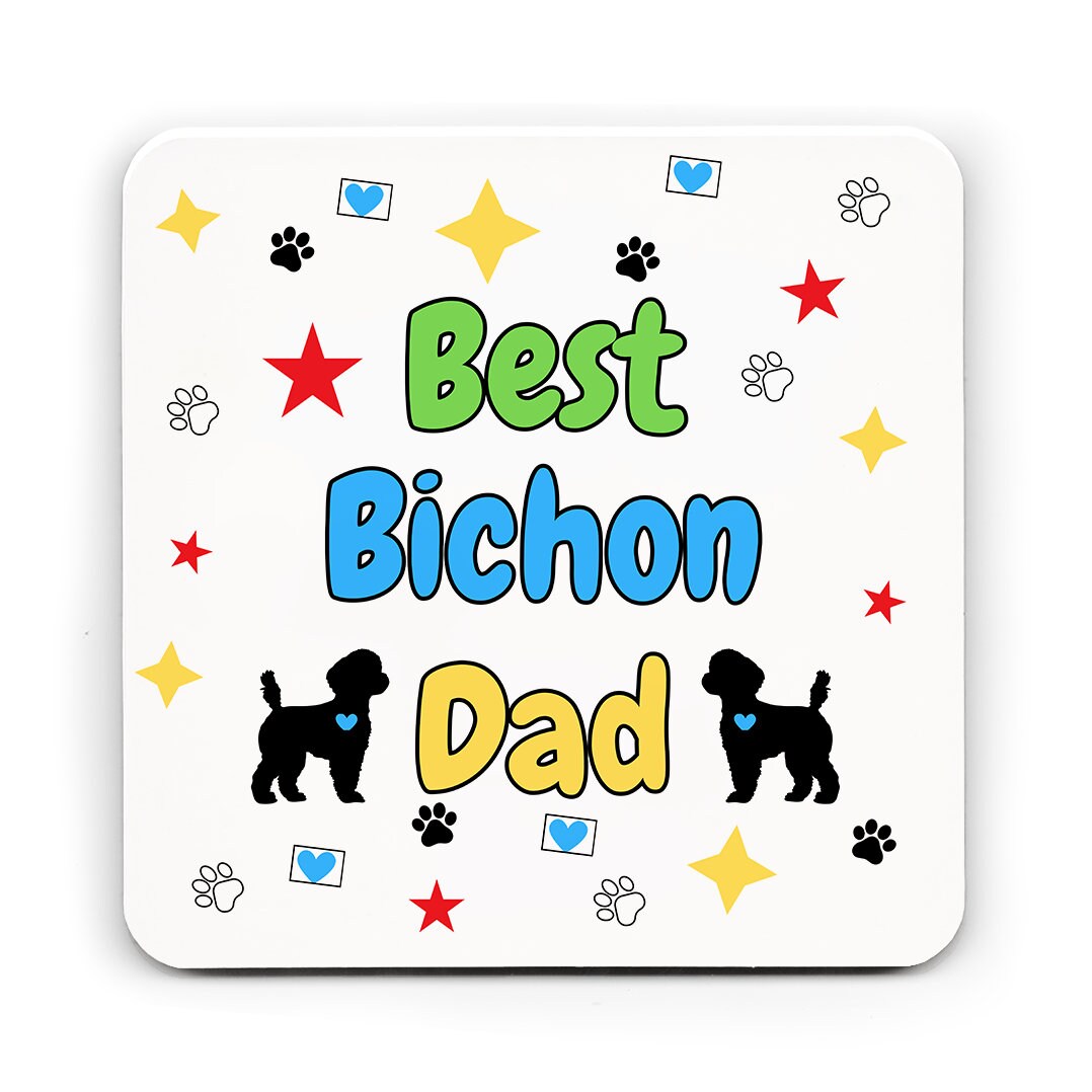 Best Bichon Dad card, Birthday card, From the dog, Matching mug and coaster options available.